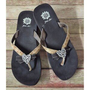 Yellow Box Leather Cowhide Cheetah Print Flip Flops Size 9 Heart & Bow Comfort